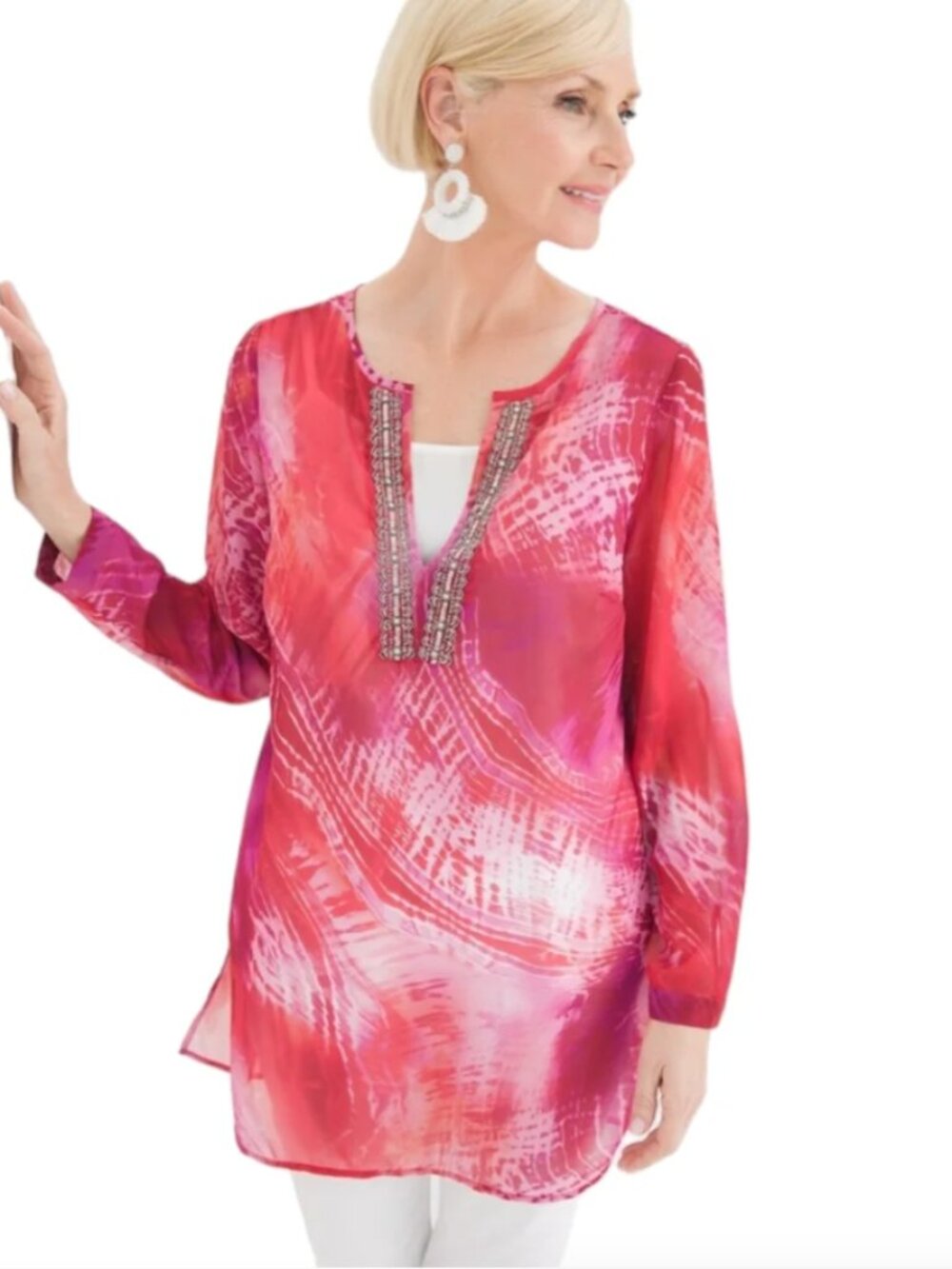 Chico's Pink & Red Printed Chiffon Rhinestone Neck Long Sleeve 2 12/14